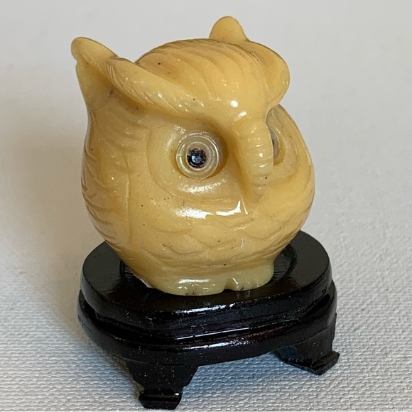 Vintage Other - Vintage Yellow Jasper Owl Carving with Wood Stand Chubby Bird Mini Statue 1.4"